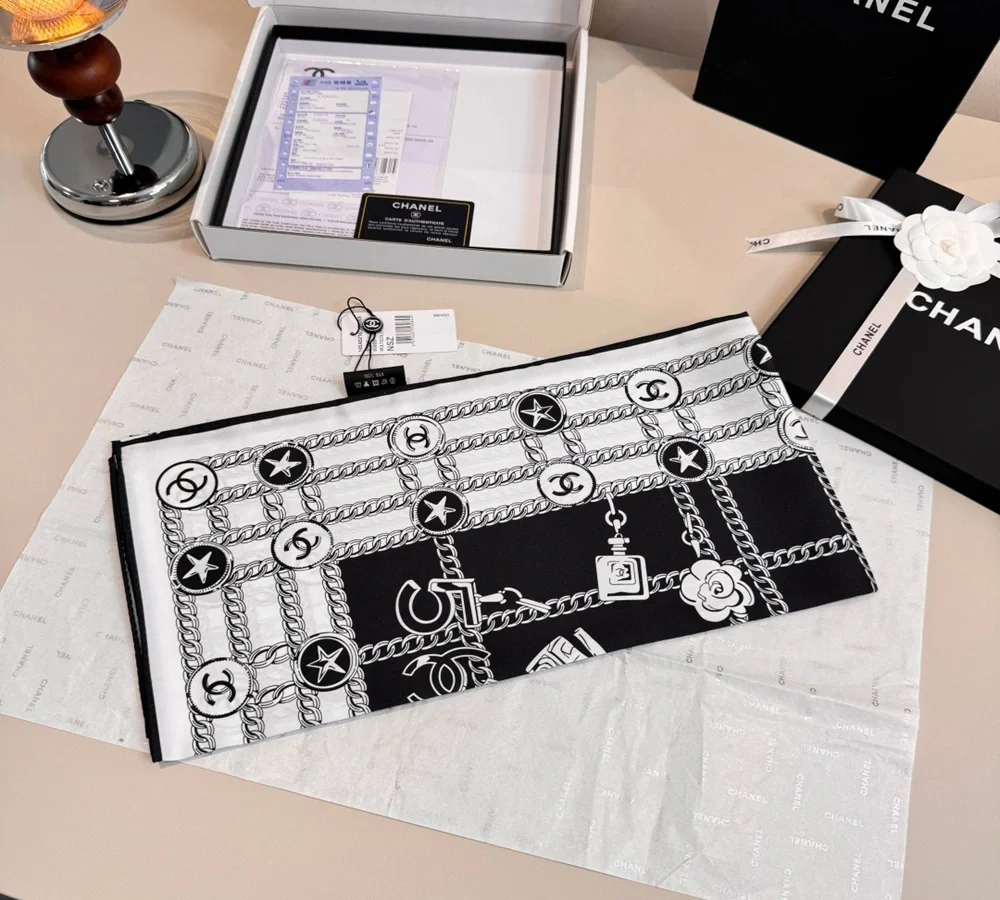 Chanel Chain & CC Logo Silk Scarf (Black & White)